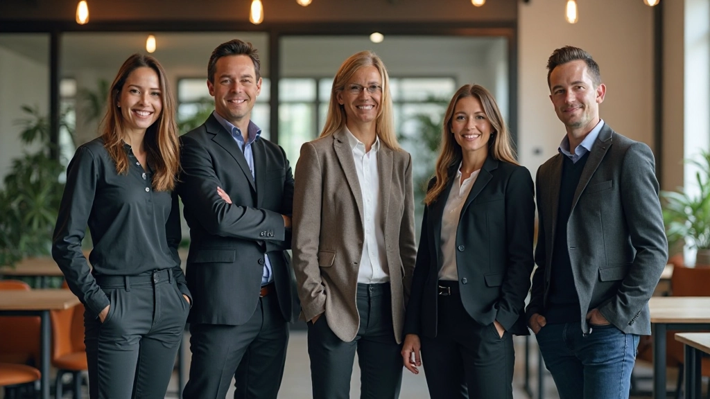 Diverse groep professionals in kantoor setting, staand in formatie, allemaal met zelfverzekerde houding en open lichaamstaal, samenwerking