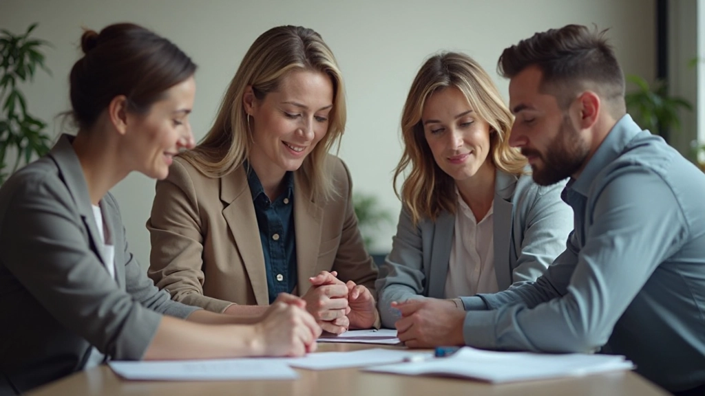 Groep van vier professionals in casual setting, werkend aan een project, colaboratieve sfeer