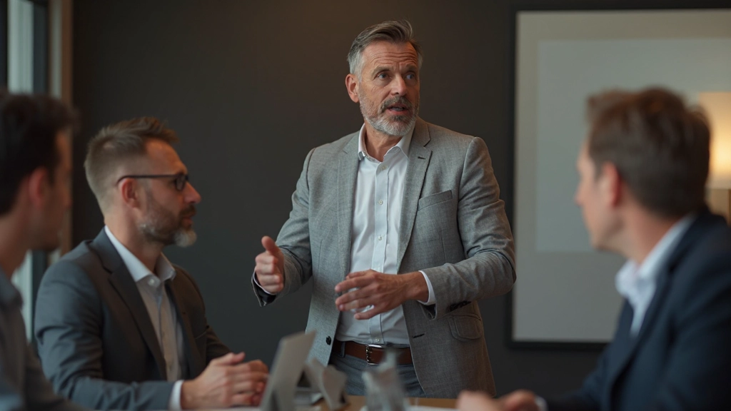 Man presenteert idee voor groep collega's in moderne kantooromgeving, staand en sprekend met zelfvertrouwen
