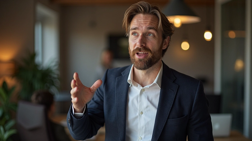 Man in zakelijk pak, pratend in professionele setting, met open en uitnodigende lichaamstaal