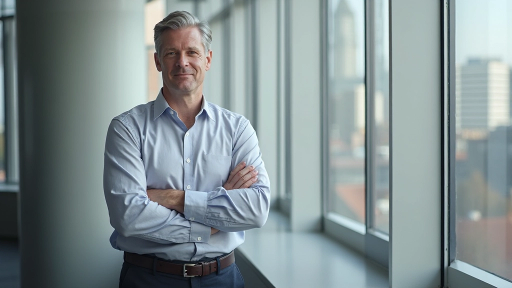 Man in professionele kledij staand voor groot raam in kantoor, armen zelfverzekerd over elkaar