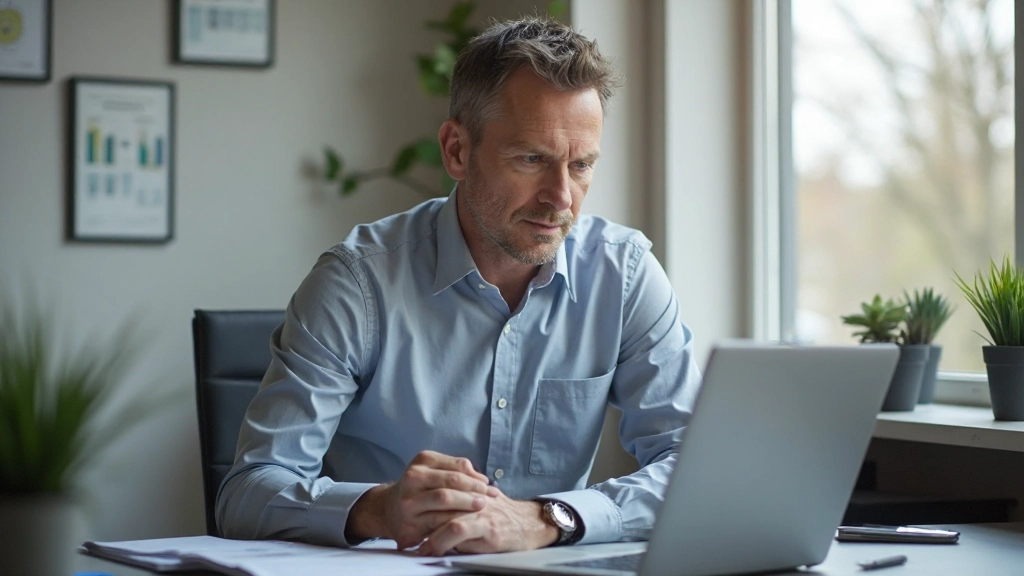 Man in zakelijke setting aan bureau, gefocust aan het werken, professionele sfeer met natuurlijk licht