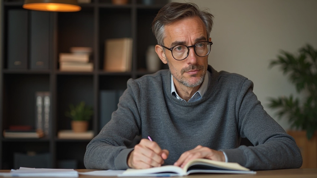 Man die notities maakt terwijl hij een boek leest, voortdurend leren en groei