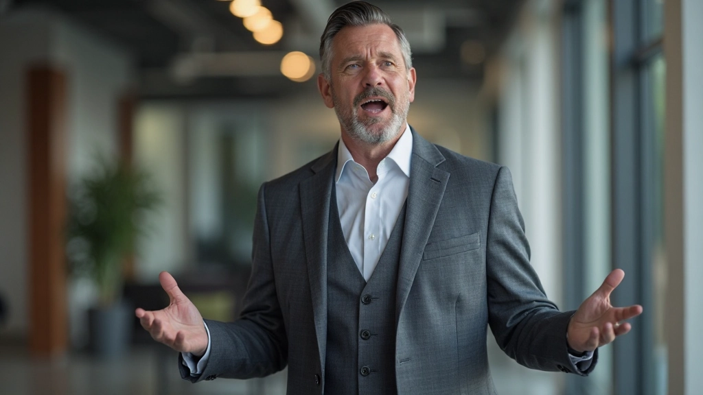 Man in pak, staand rechtop met open gebaren in professionele ruimte, zelfverzekerde houding met glimlach, moderne werkplek op achtergrond