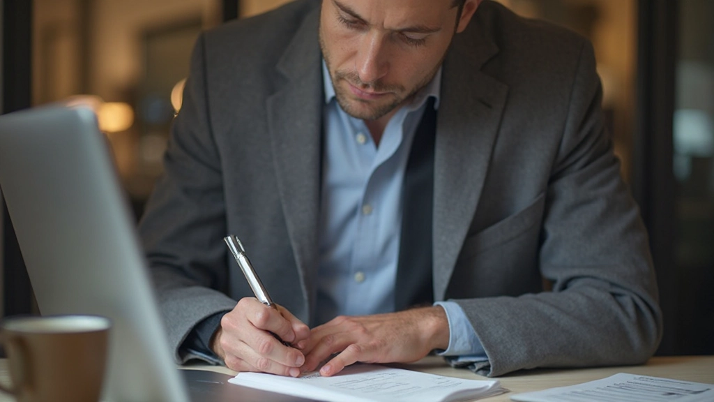 Persoon schrijft aantekeningen op papier met koffie en laptop op het bureau