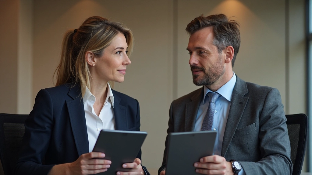 Twee collega's in een constructief gesprek met notitieblokken en opgestelde houding