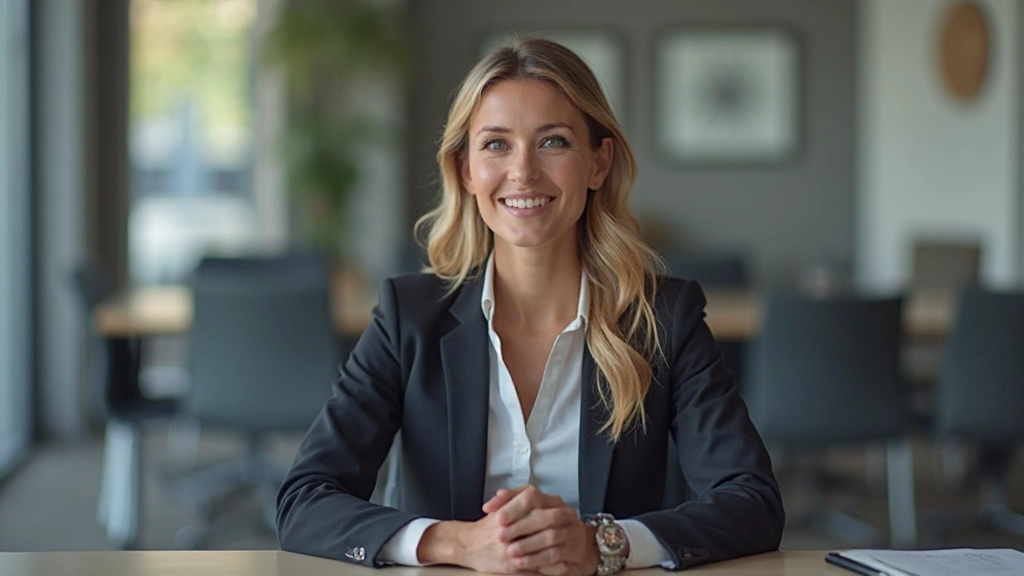 Professionele vrouw in modern kantoor, zittend aan conferentietafel met andere professionals, macht houding, natuurlijke belichting