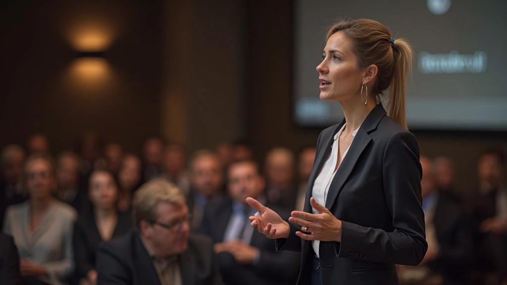 Vrouw aan het spreken voor een publiek in een conferentieruimte, attente toehoorders