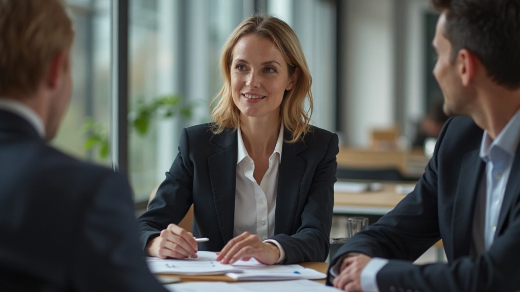 Vrouw in gesprek met collega's rond een tafel met documenten en koffie, actieve discussie