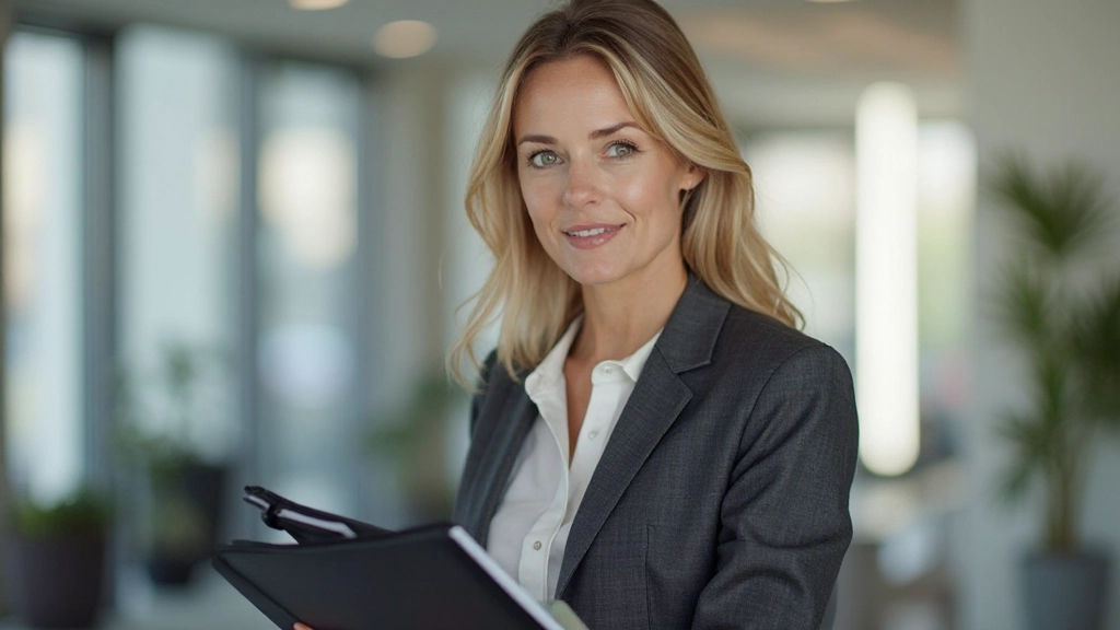 Professionele vrouw met notitieblok in een modern kantoor, gericht en gedetermineerd